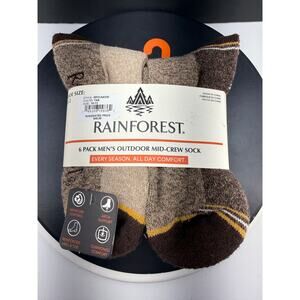 Rainforest 6 Pack Mens Tan Outdoor Mid-Crew Socks Moisure Control Arch Support